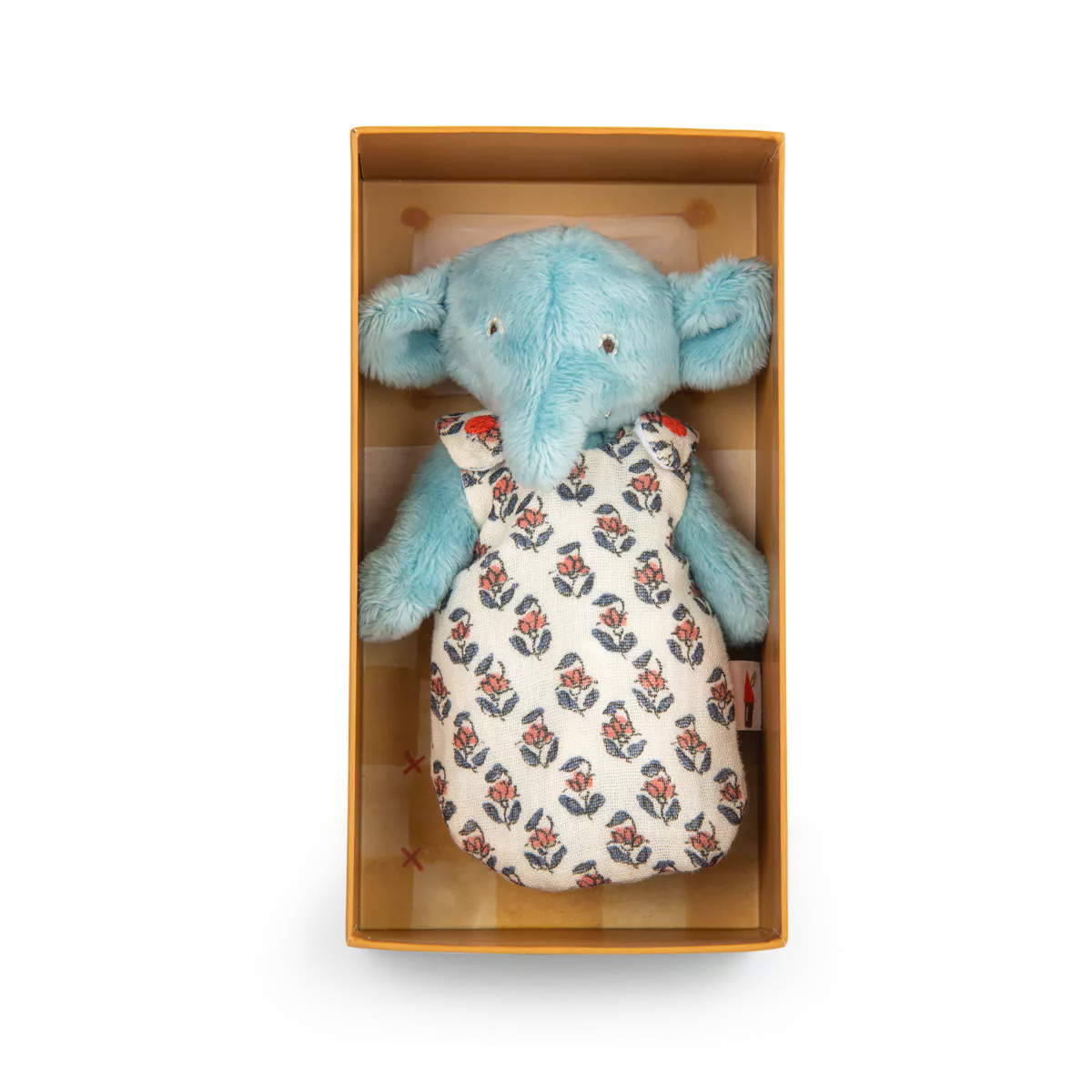 Blue elephant plush toy with a floral pattern in a box on a white background
