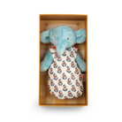 Blue elephant plush toy with a floral pattern in a box on a white background
