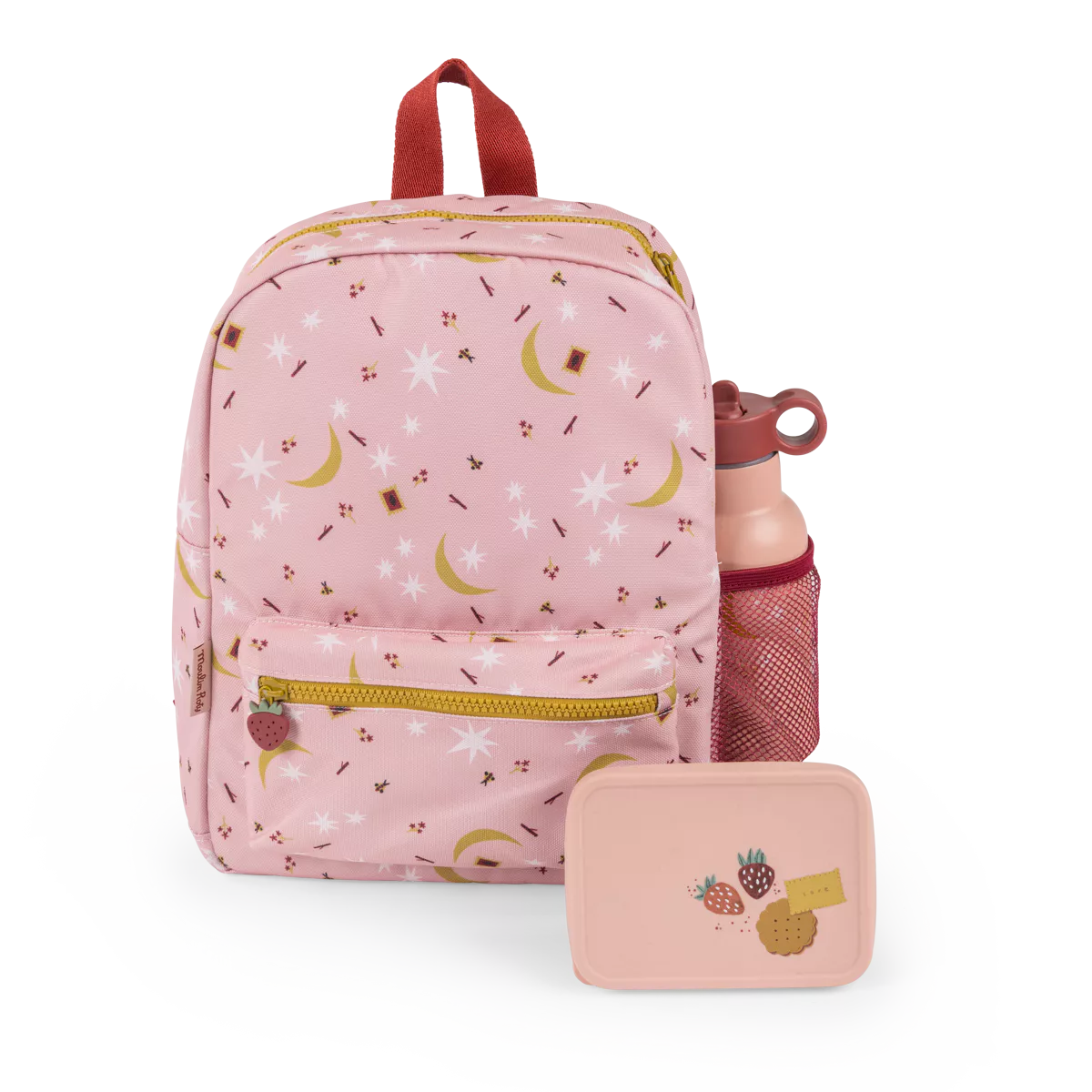 moulin roty Pink backpack with fruit pattern, matching lunch box, and water bottle on a white background