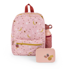 moulin roty Pink backpack with fruit pattern, matching lunch box, and water bottle on a white background