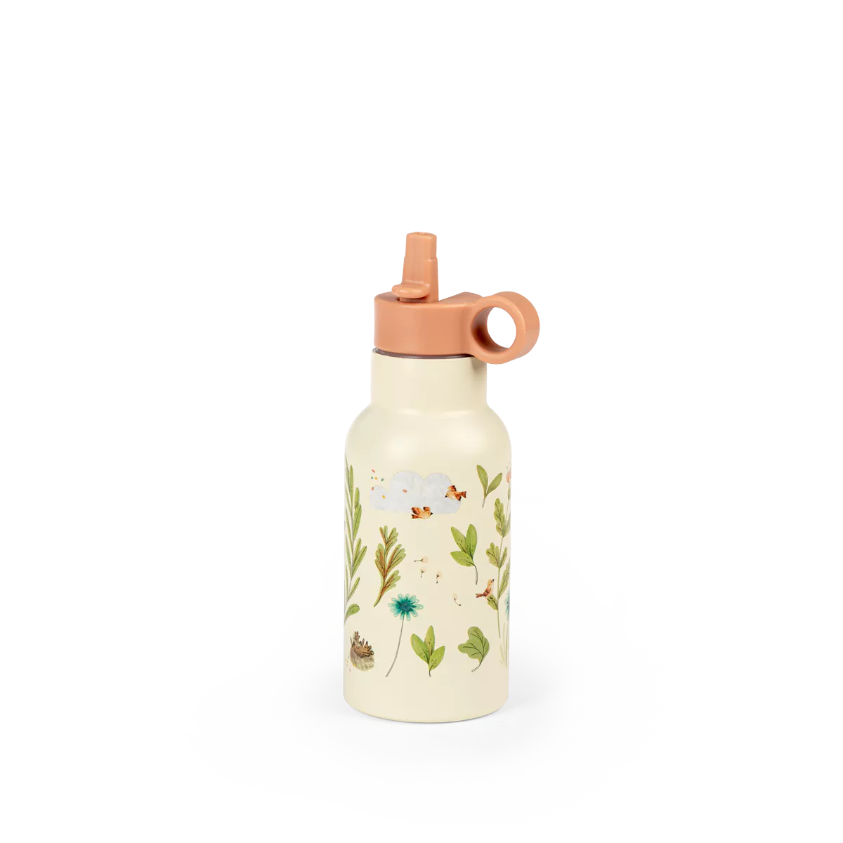 Water bottle with floral design and pink cap on a white background