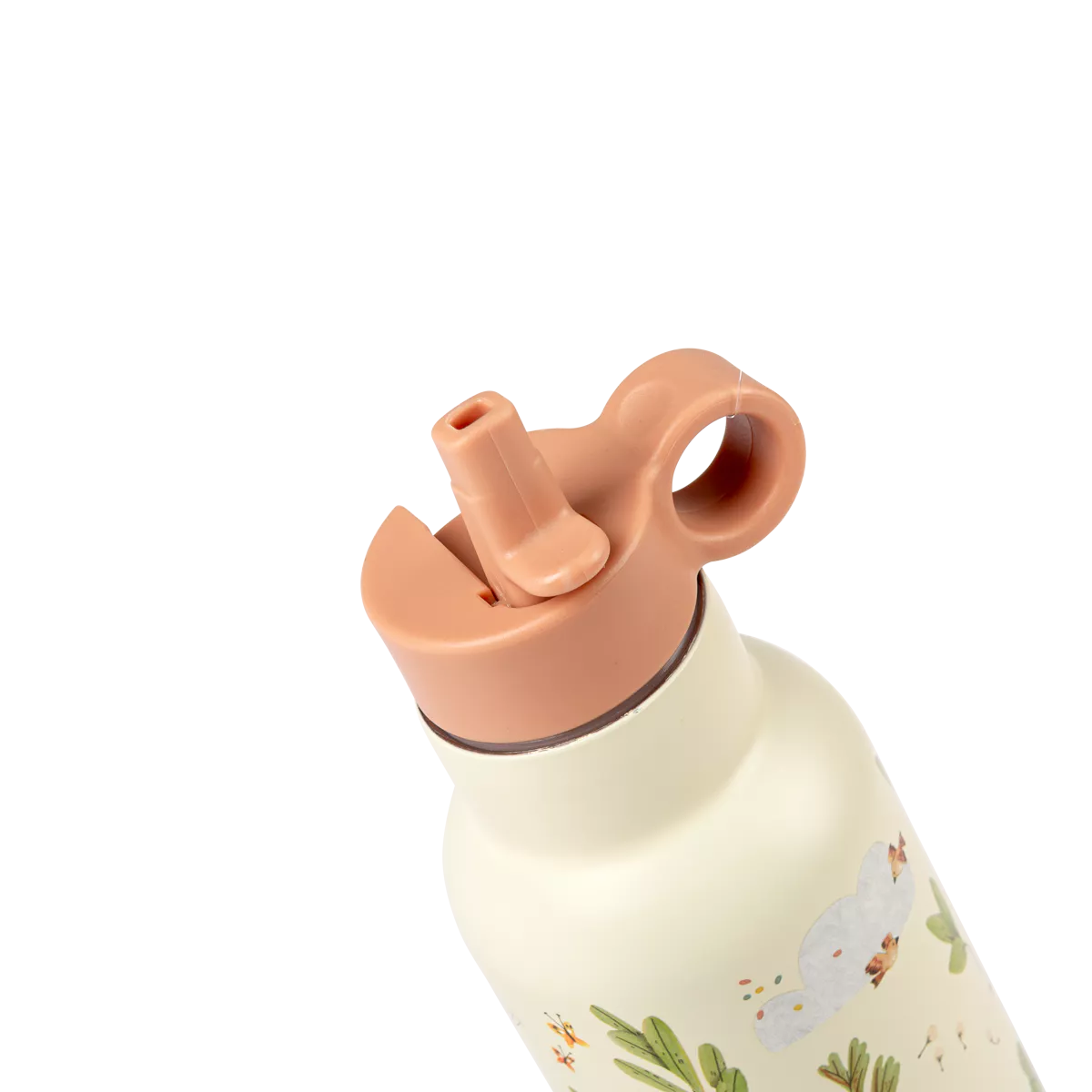 Children's water bottle with a pink lid on a white background