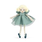 Toy doll with a green dress and white hair on a white background