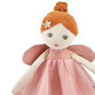 Toy fairy with orange hair and pink dress on a white background