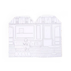 Outline of a person sitting on a bench in front of a building with a dome.