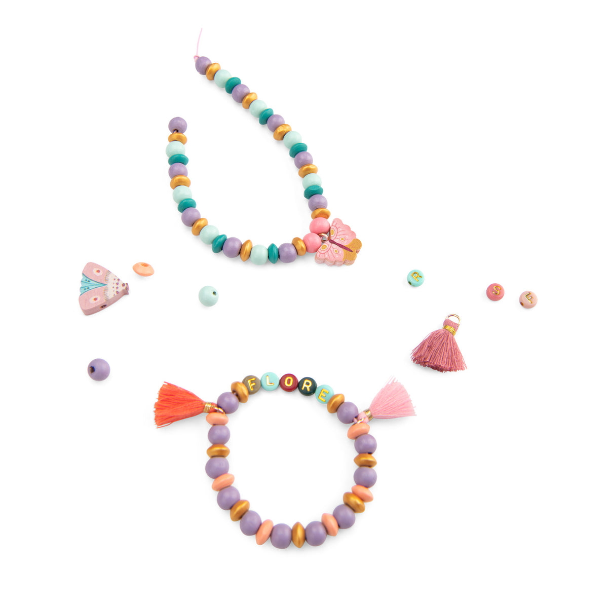 Colorful beaded necklace and bracelet set on a white background