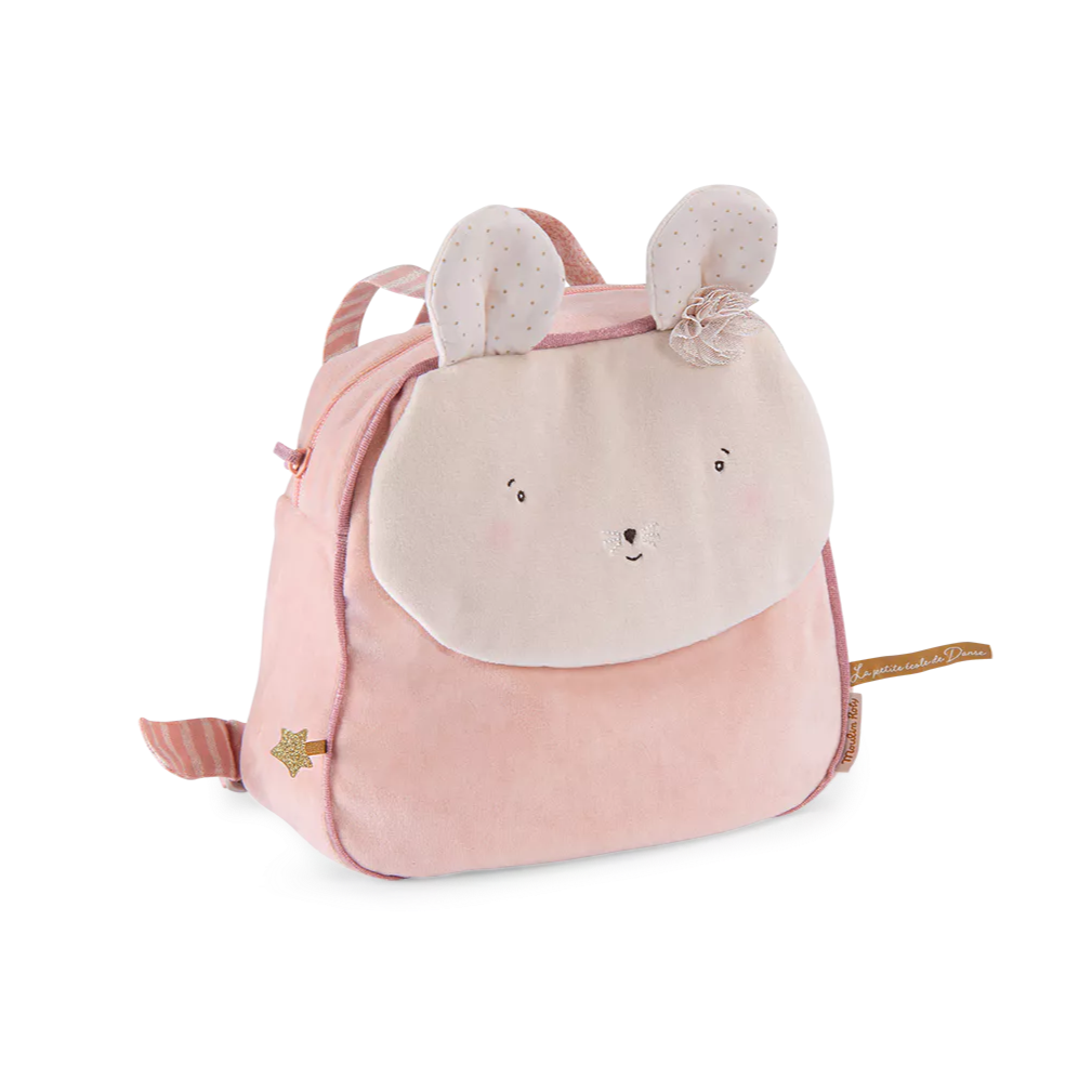 Pink backpack shaped like a mouse on a white background