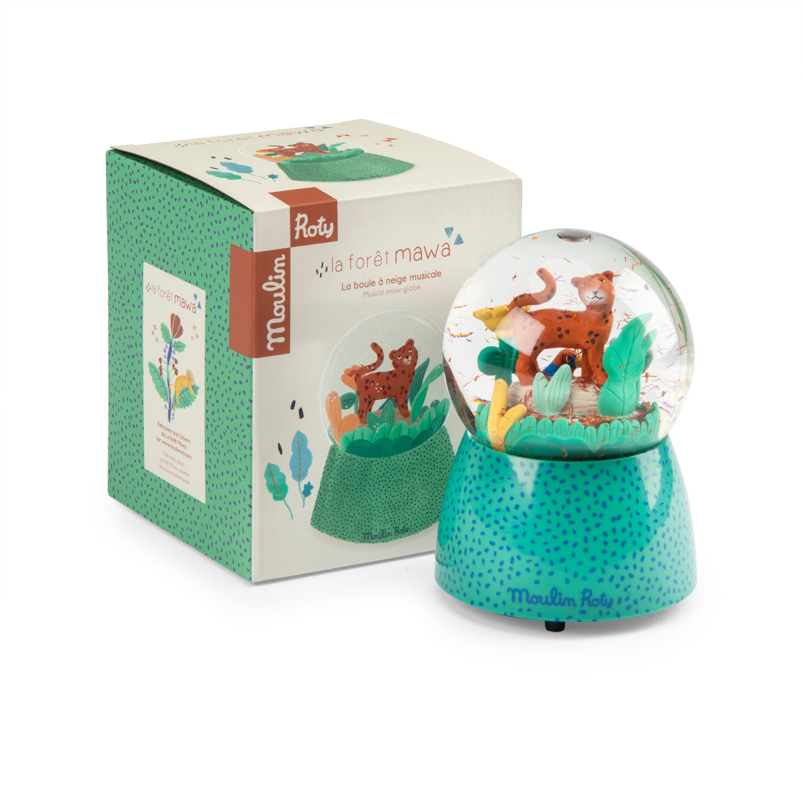 Moulin Roty snow globe with packaging on a white background