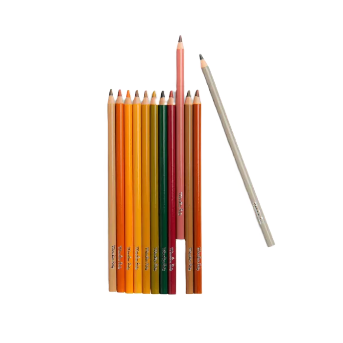 Set of Moulin Roty childrens colored pencils on a white background