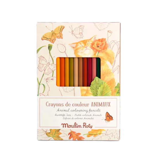 Set of Moulin Roty colored pencils in a box with animal-themed design on a white background