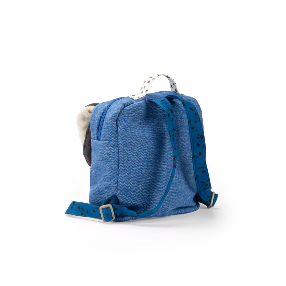 Blue backpack with black patterns on a white background