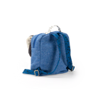 Blue backpack with black patterns on a white background