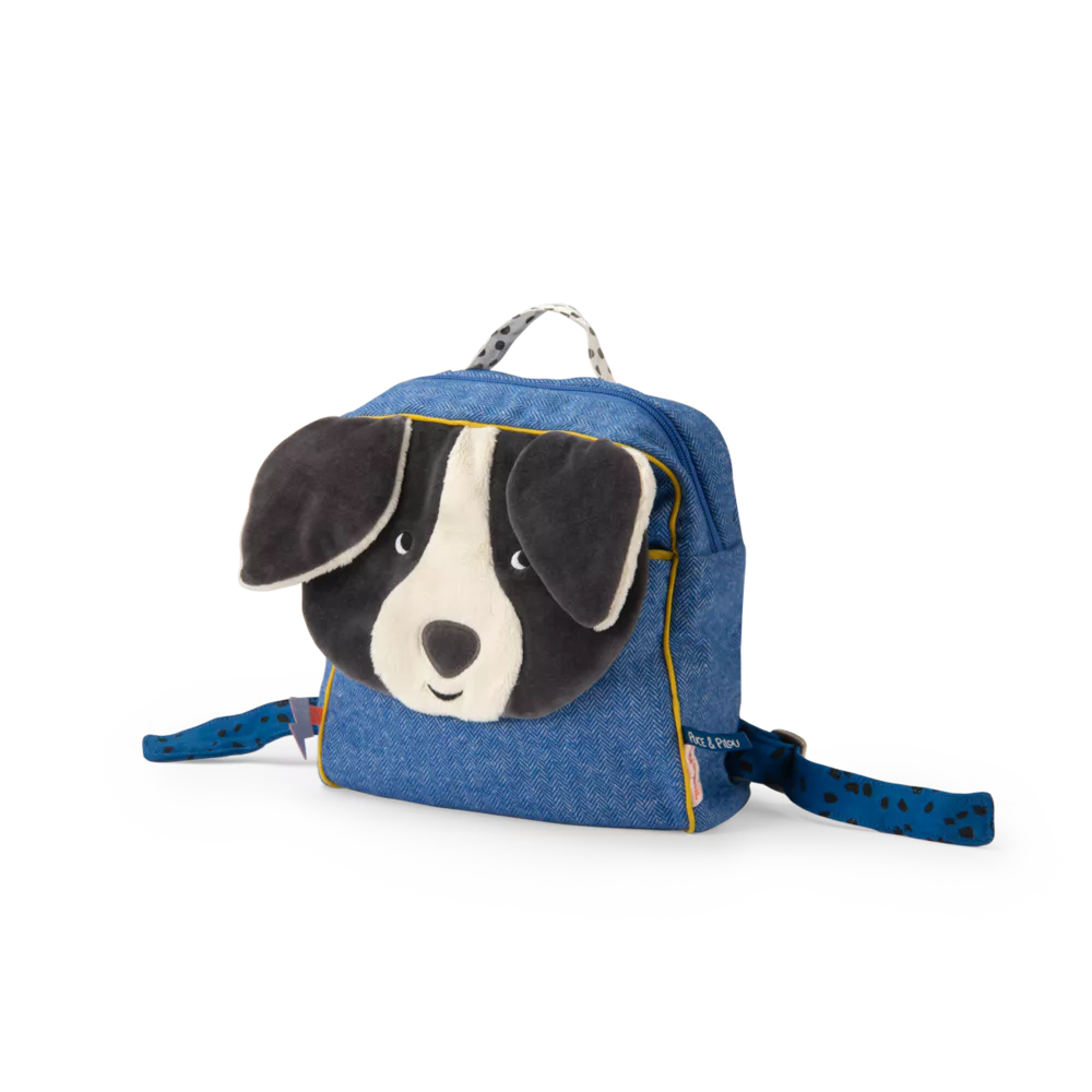 Blue children's backpack with a dog face design on a white background