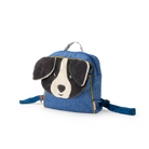 Blue children's backpack with a dog face design on a white background