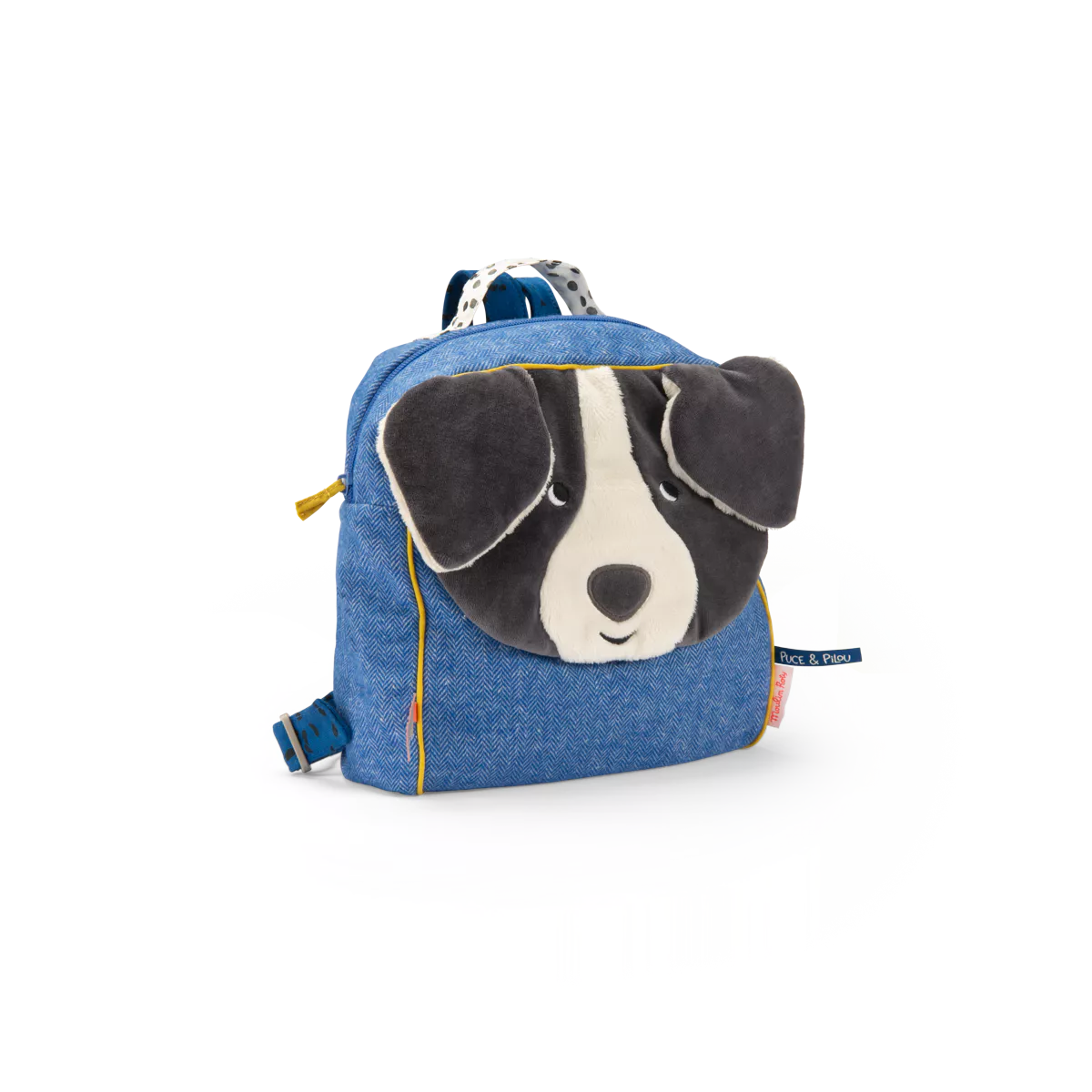 Blue children's backpack with a dog face design on a white background