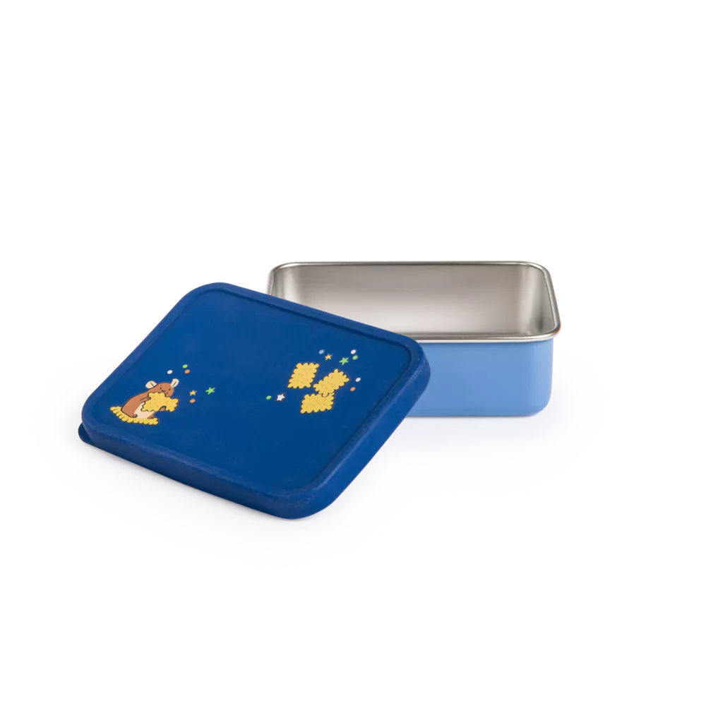 Blue tin children lunch box with a lid featuring illustrations on a white background