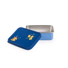 Blue tin children lunch box with a lid featuring illustrations on a white background