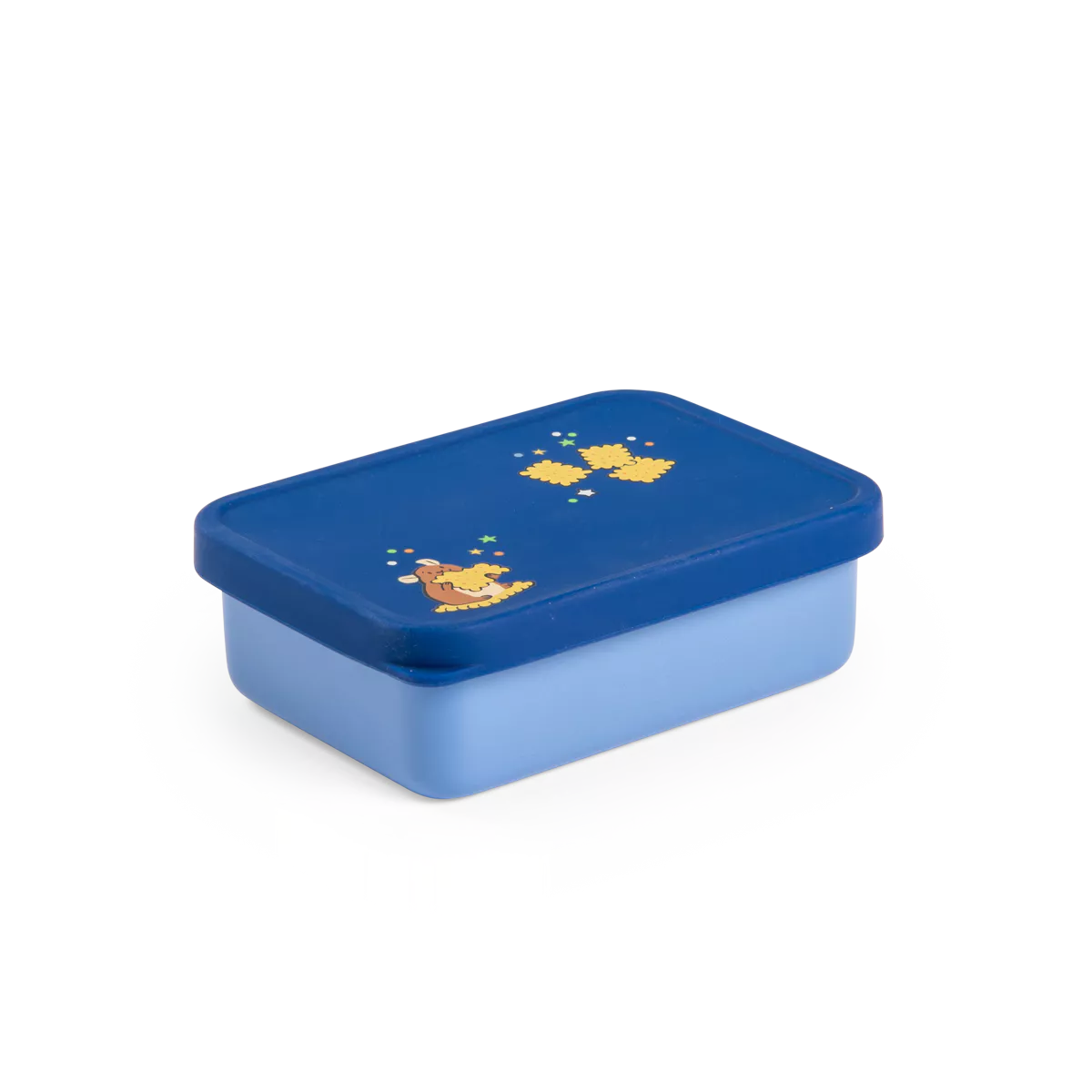 Blue food container with a yellow design on a white background