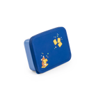 Blue rectangular tin with yellow biscuit prints on a white background
