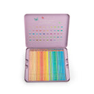 Set of colorful pencils in a purple tin on a white background