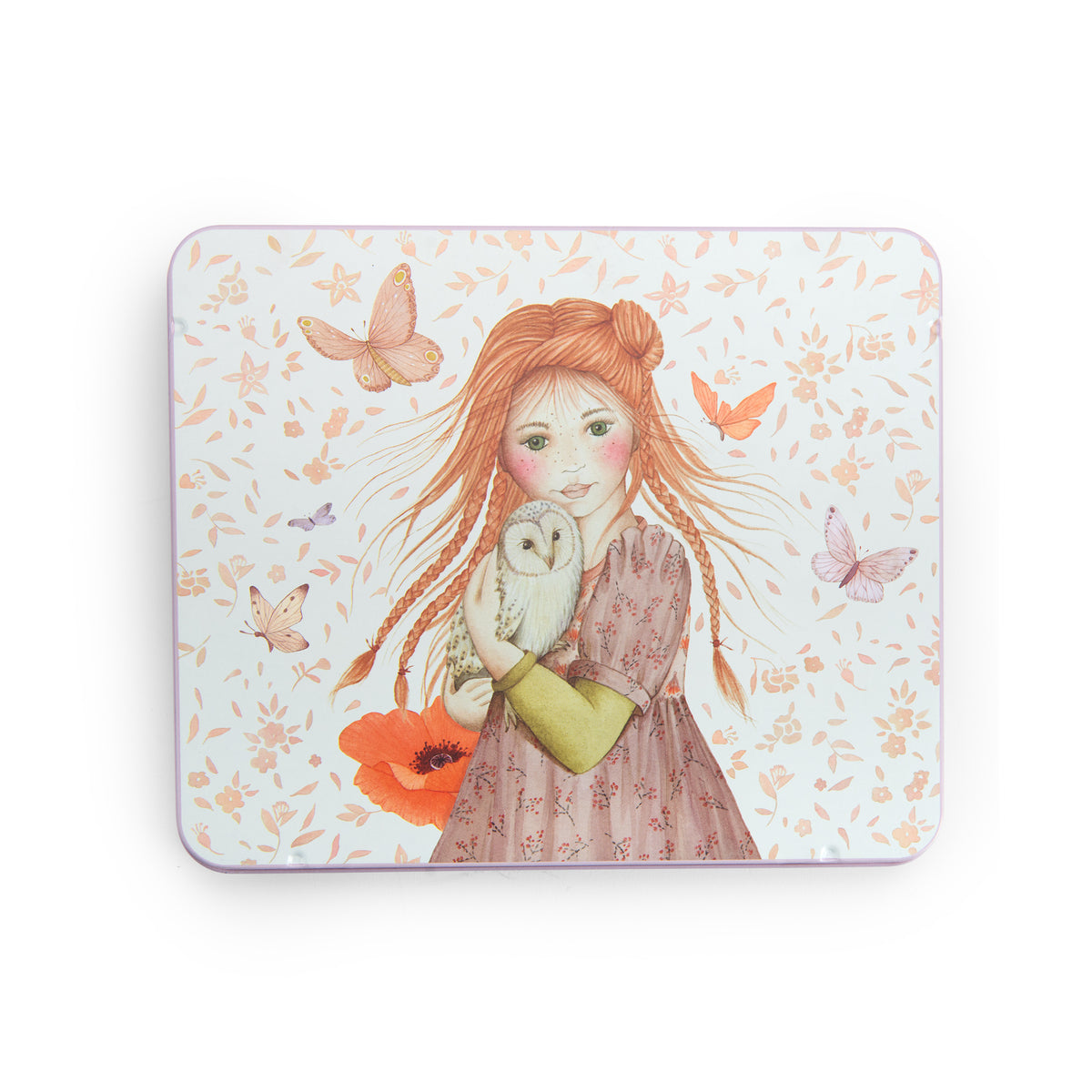 Illustration of a girl with red hair holding an owl on a floral background