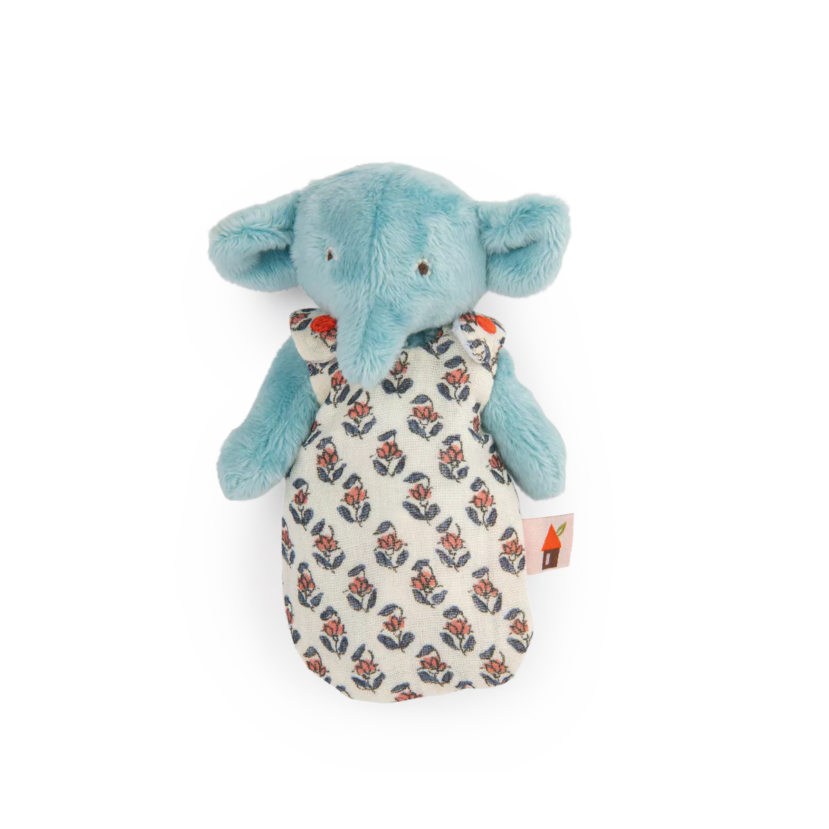 Plush elephant toy with a floral pattern on a white background