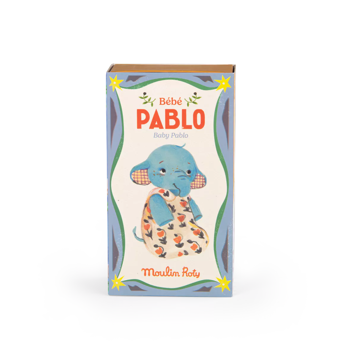 Box packaging of a plush toy elephant named Bébé Pablo by Moulin Roty on a white background.