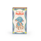 Box packaging of a plush toy elephant named Bébé Pablo by Moulin Roty on a white background.