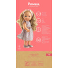 Doll packaging with a doll and product details on a pink background