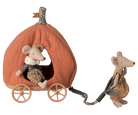 Pumpkin-shaped carriage for maileg mice a wheels and a handle on a white background