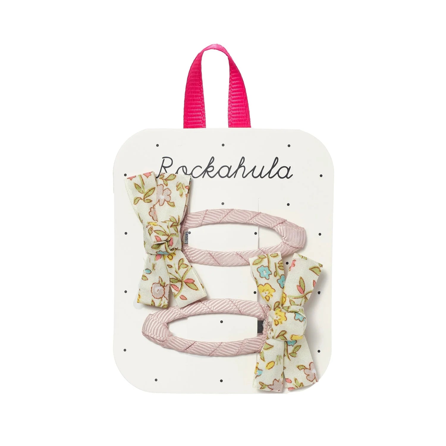 Set of hair ties with floral designs on a white card with 'Rockahula' branding.