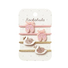 Set of pink ballet slipper and swan hair accessories on a Rockahula branded card.
