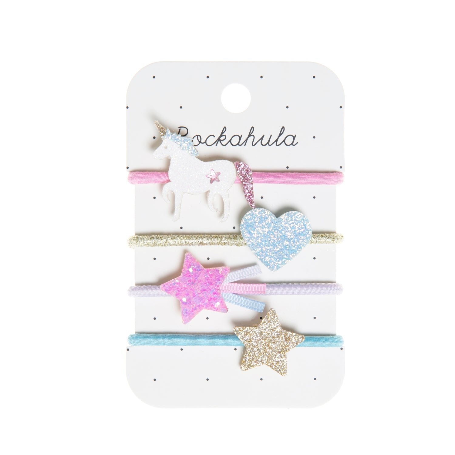 Set of colorful hairbands with stars and hearts on a Rockahula branded card.