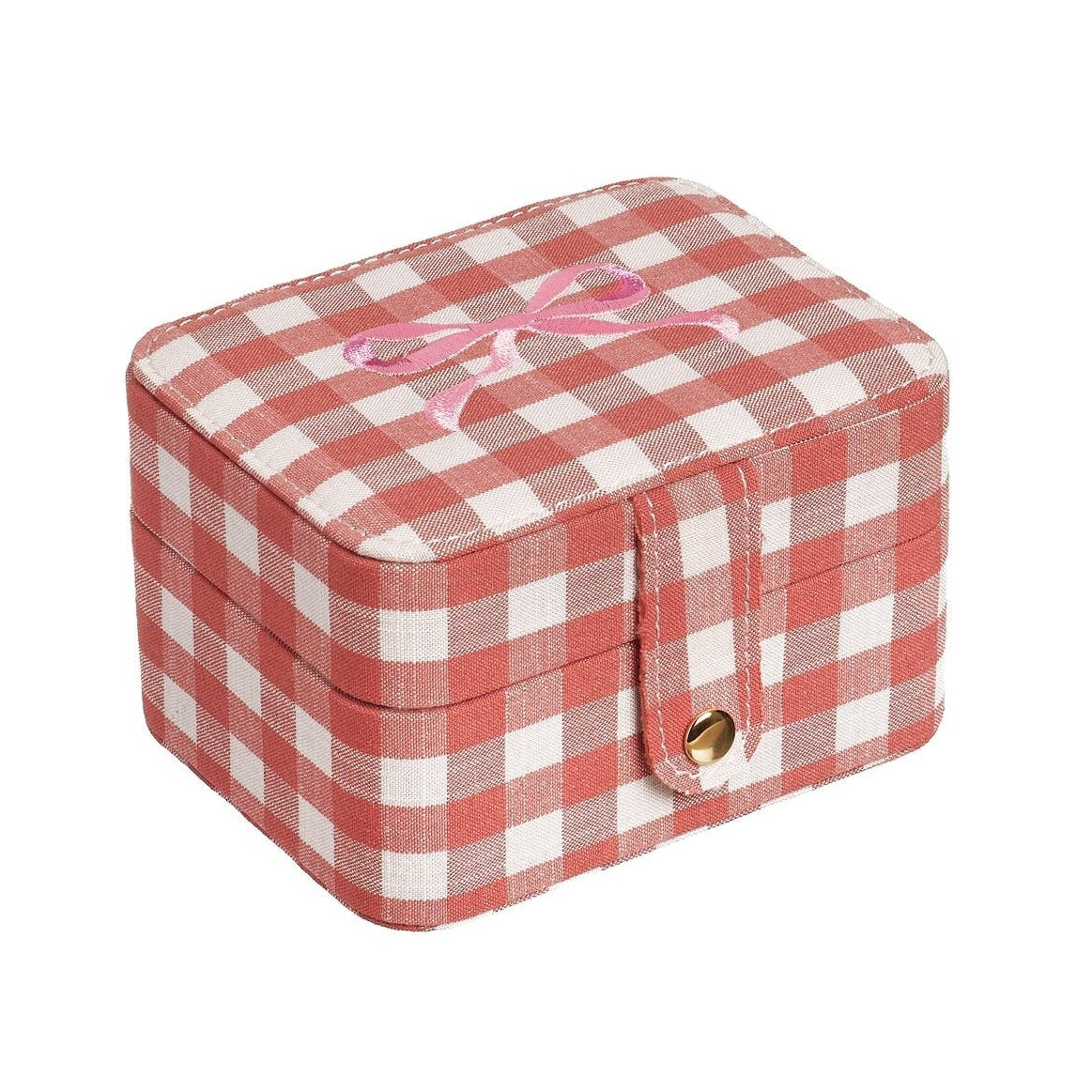Small rectangular box with red and white checkered pattern and pink bow on a white background