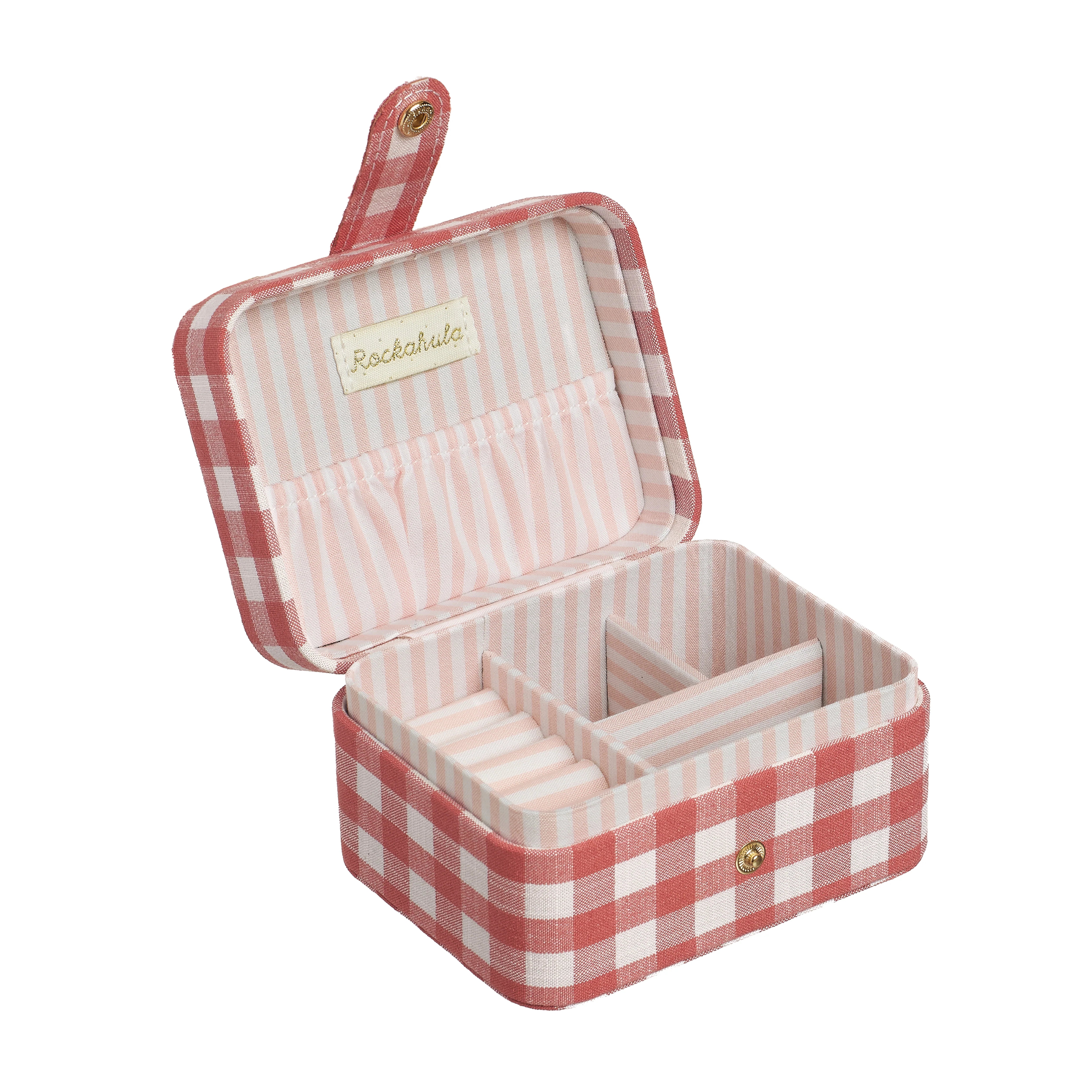 Open jewelry box with red and white checkered pattern on a white background