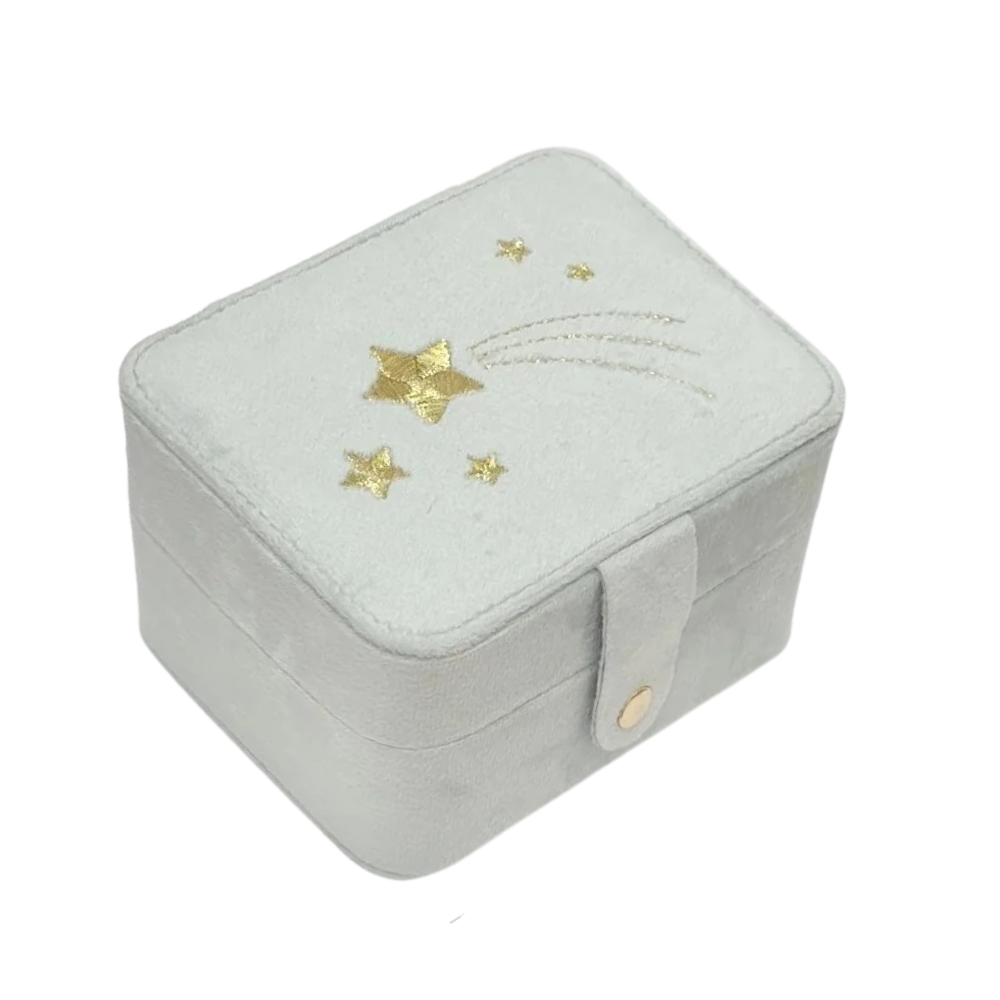 Gray jewelry box with gold star designs on a white background