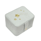 Gray jewelry box with gold star designs on a white background