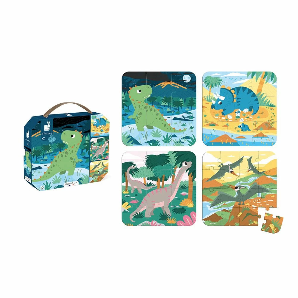 Dinosaur-themed puzzle set with pieces and packaging on a white background