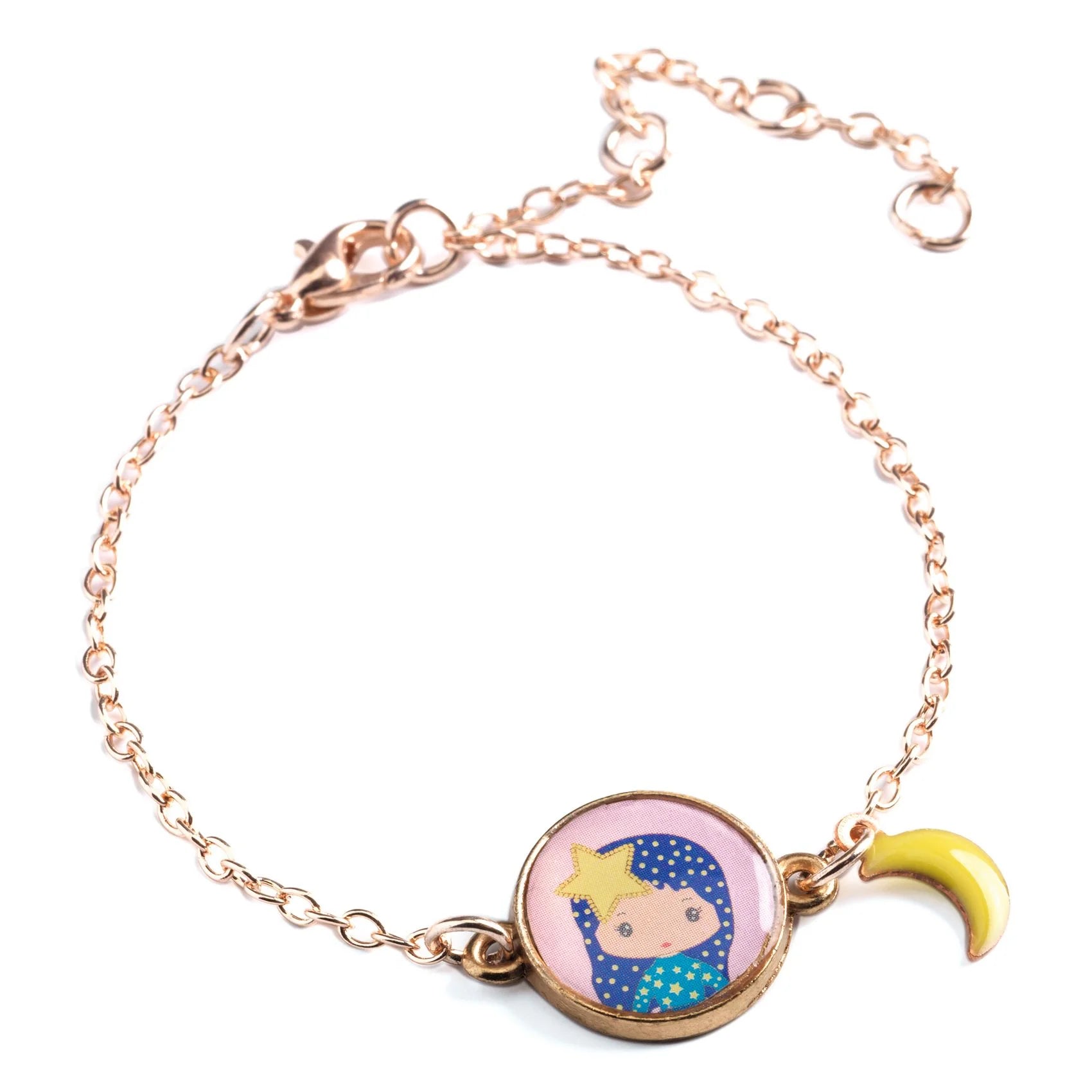 Bracelet with a character and moon charm on a white background