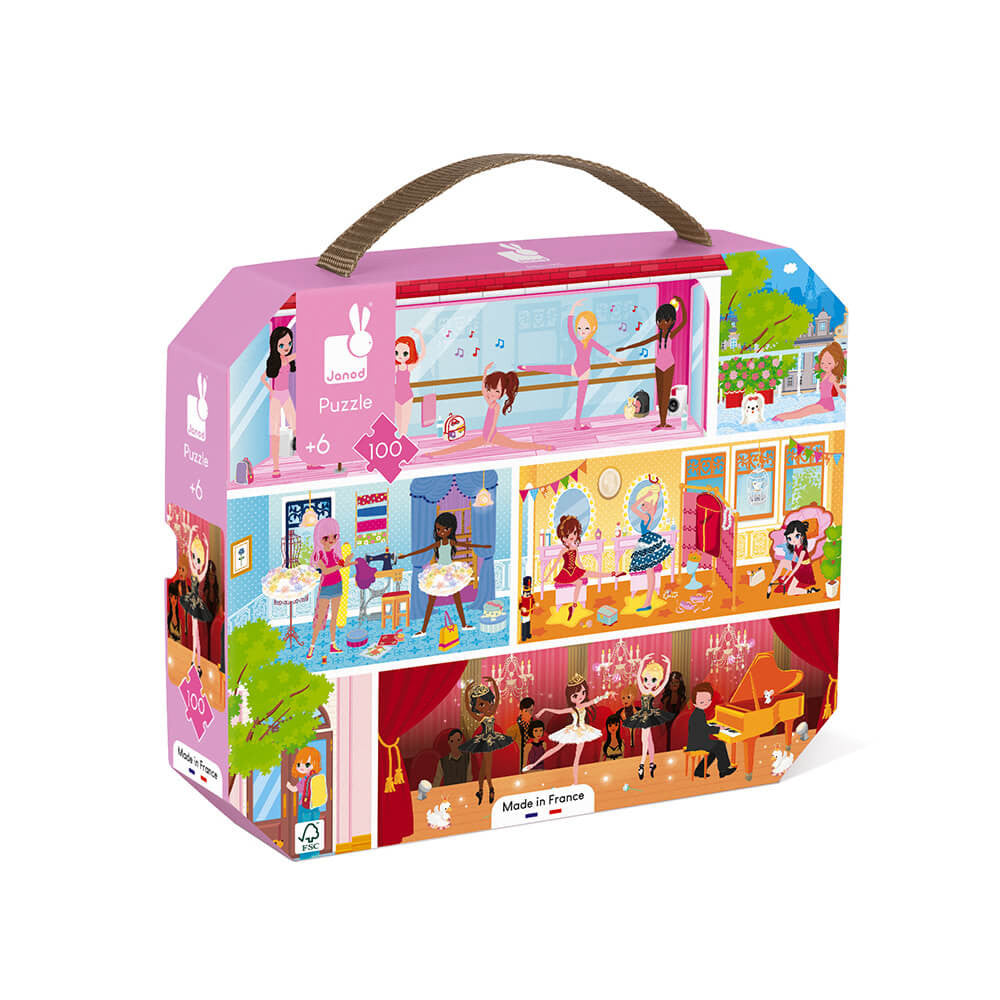 Puzzle box with colorful illustrations of ballerinas in various ballet poses on a white background