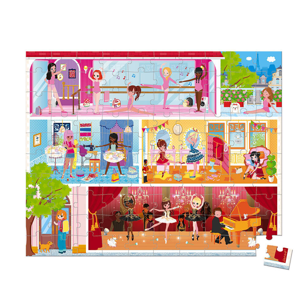 Children's puzzle with colorful illustration of a ballet-themed scene