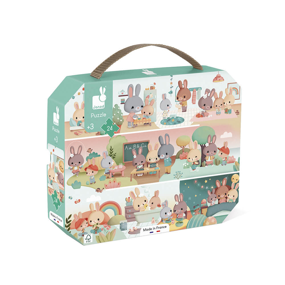 Children's puzzle packaging with cartoon characters on a white background