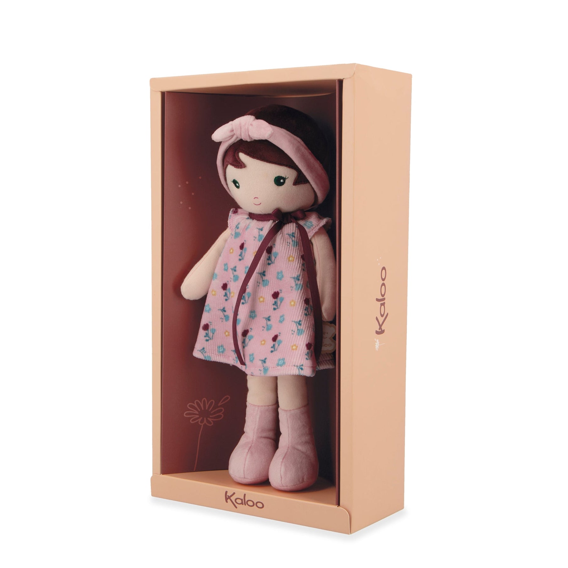 Stuffed doll in a pink dress with a matching hat in a 'Kaloo' box on a white background