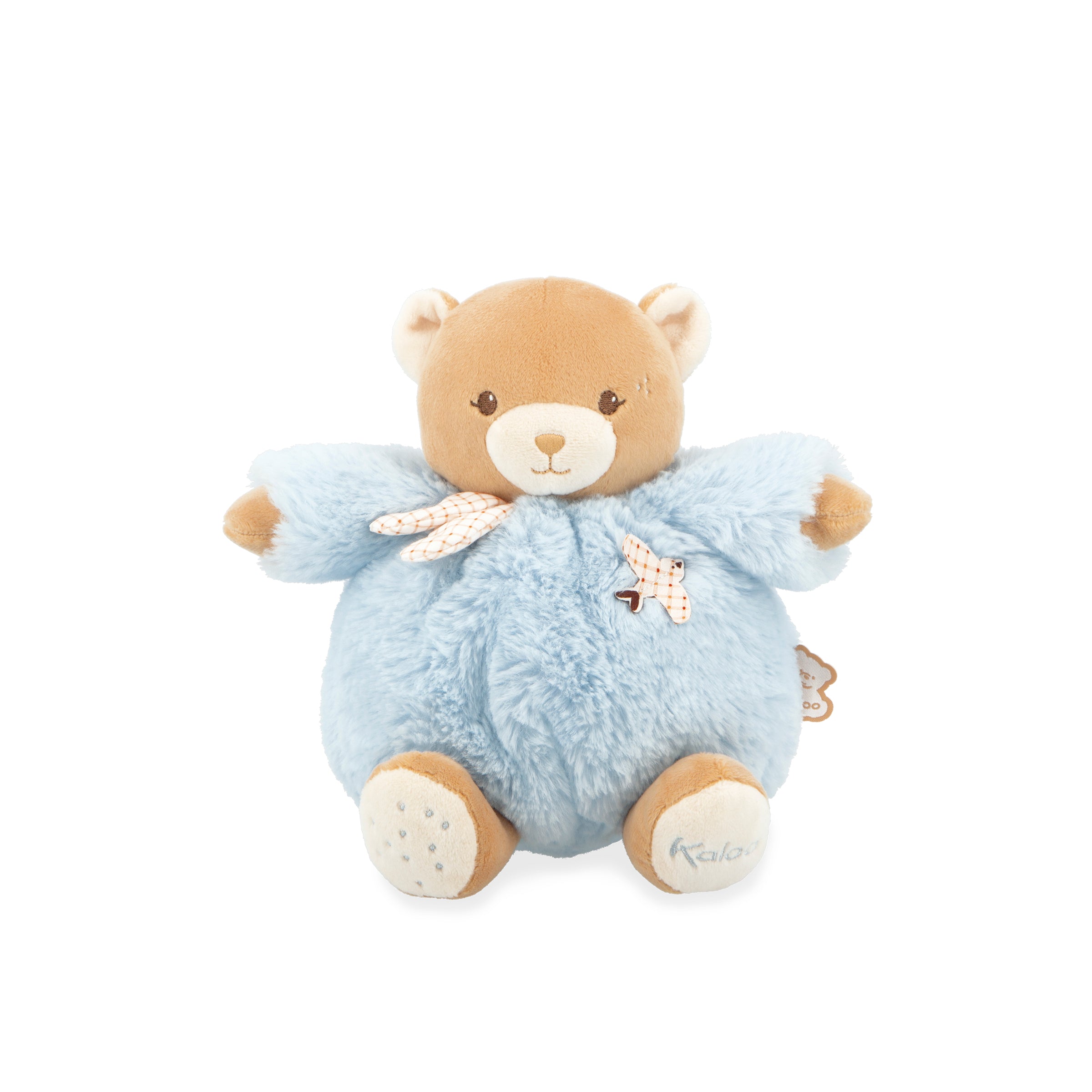 Plush teddy bear toy with blue wings and a bow tie on a white background