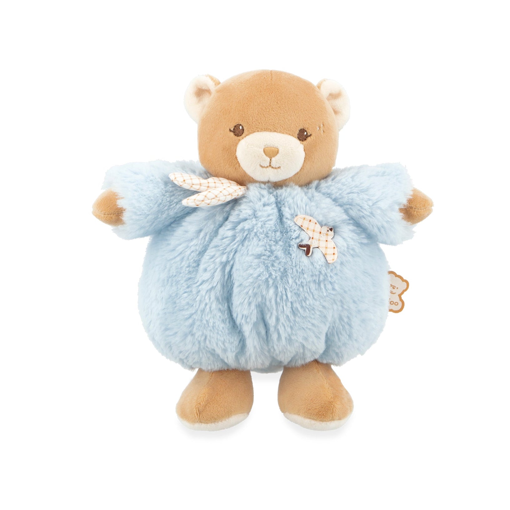 Plush toy bear in a blue outfit on a white background