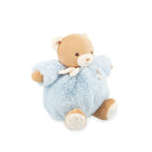Plush teddy bear with blue wings and a white bow on a white background