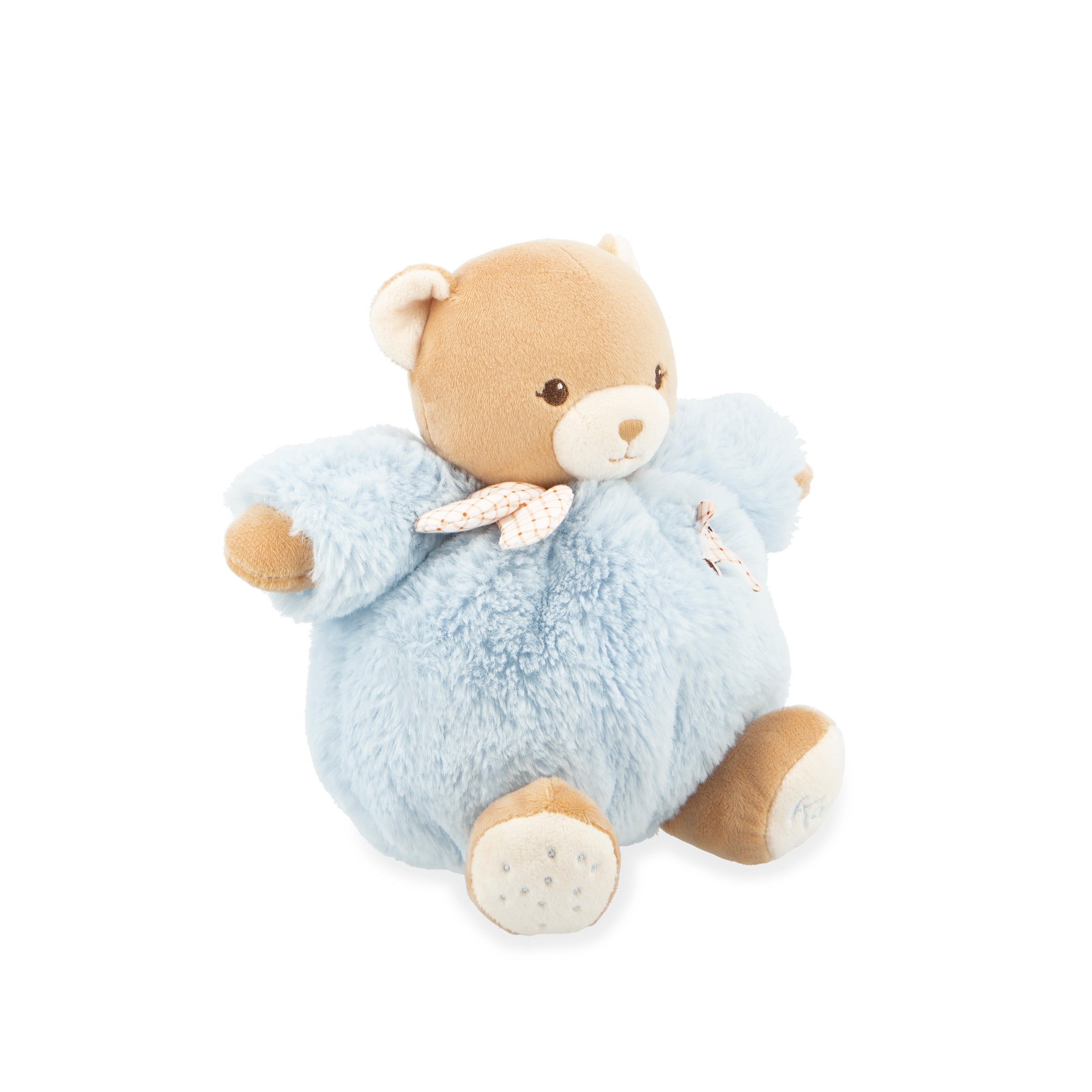 Plush teddy bear with blue wings and a white bow on a white background