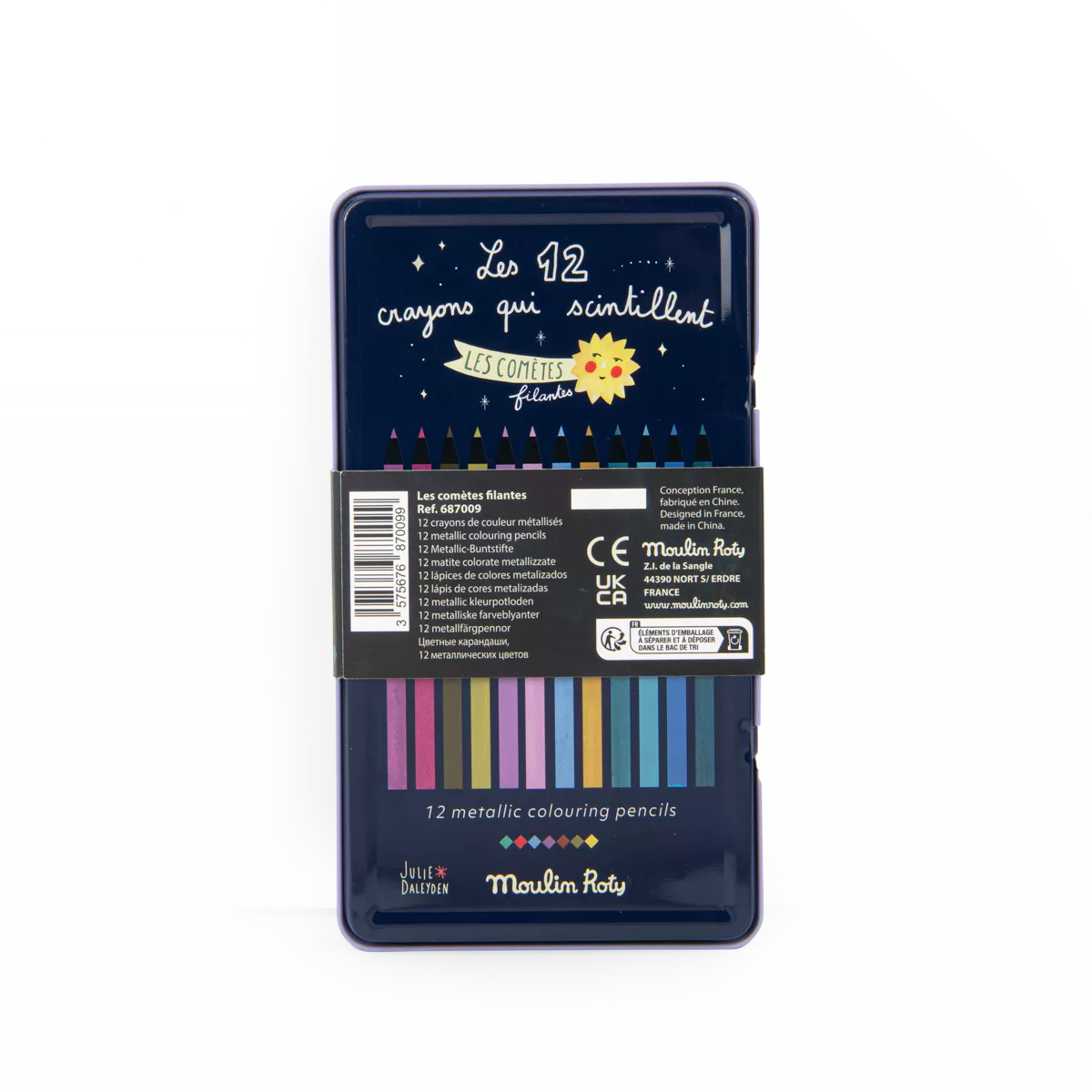 les comètes filantes Pack of 12 metallic coloring pencils with a blue case on a white background