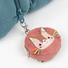 Pink childrens purse with a cat design and a blue strap on a white background
