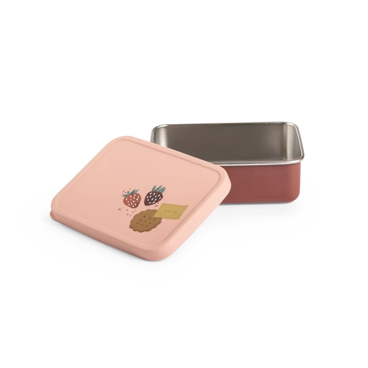 Pink tin box with a lid featuring illustrations of fruits and a cookie on a white background